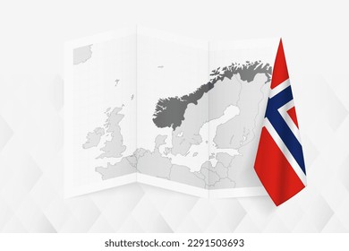 Mapa de escala de grises de Noruega con una bandera noruega colgante en un lado. Mapa vectorial para muchos tipos de noticias. Ilustración vectorial.