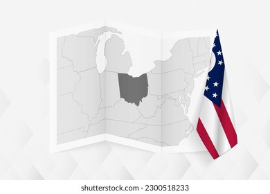 A grayscale map of Ohio with a hanging Ohio flag on one side. Vector map for many types of news. Vector illustration.