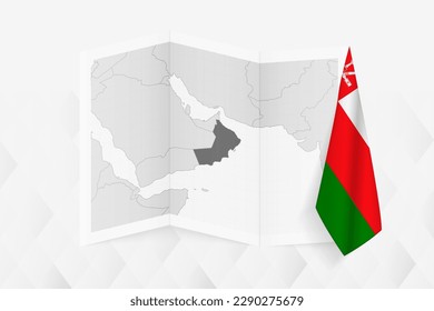 A grayscale map of Oman with a hanging Omani flag on one side. Vector map for many types of news. Vector illustration.