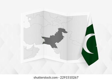 Mapa en escala de grises de Pakistán con una bandera paquistaní colgando de un lado. Mapa vectorial para muchos tipos de noticias. Ilustración vectorial.