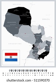 Grayscale Map of Paraguay and navigation icons. Vector illustration.