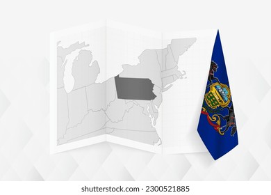 A grayscale map of Pennsylvania with a hanging Pennsylvania flag on one side. Vector map for many types of news. Vector illustration.