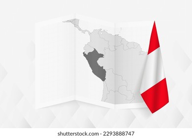A grayscale map of Peru with a hanging Peruvian flag on one side. Vector map for many types of news. Vector illustration.