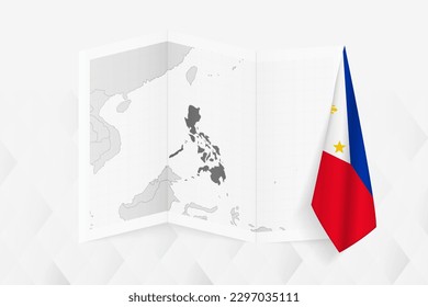 A grayscale map of Philippines with a hanging Filipino flag on one side. Vector map for many types of news. Vector illustration.
