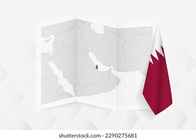 A grayscale map of Qatar with a hanging Qatari flag on one side. Vector map for many types of news. Vector illustration.
