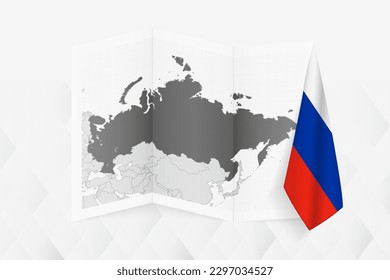 Eine graue Karte von Russland mit einer hängenden russischen Flagge auf einer Seite. Vektorplan für viele Neuigkeiten. Vektorgrafik.