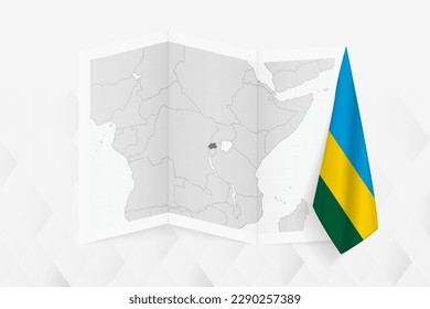Eine Graukarte Ruandas mit einer hängenden ruandischen Flagge auf einer Seite. Vektorplan für viele Neuigkeiten. Vektorgrafik.
