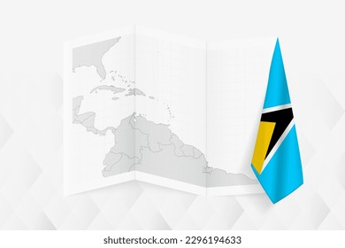 A grayscale map of Saint Lucia with a hanging Saint Lucian flag on one side. Vector map for many types of news. Vector illustration.