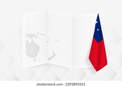 A grayscale map of Samoa with a hanging Samoan flag on one side. Vector map for many types of news. Vector illustration.