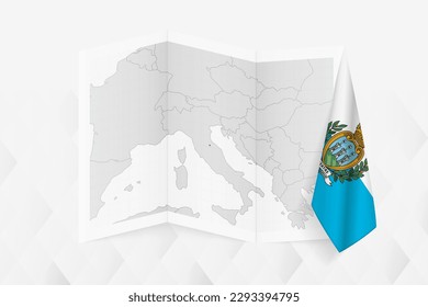 A grayscale map of San Marino with a hanging San Marinese flag on one side. Vector map for many types of news. Vector illustration.