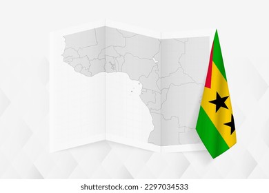 A grayscale map of Sao Tome and Principe with a hanging Sao Tome and Principe flag on one side. Vector map for many types of news. Vector illustration.