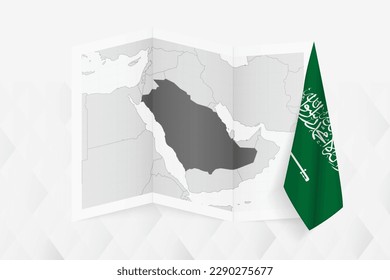 Eine graue Karte Saudi-Arabiens mit einer hängenden saudi-arabischen Flagge auf einer Seite. Vektorplan für viele Neuigkeiten. Vektorgrafik.