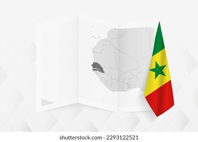 A grayscale map of Senegal with a hanging Senegalese flag on one side. Vector map for many types of news. Vector illustration.