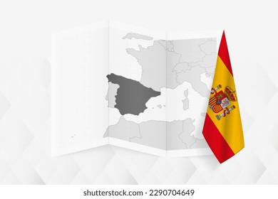 A grayscale map of Spain with a hanging Spanish flag on one side. Vector map for many types of news. Vector illustration.