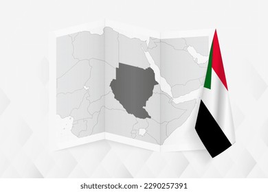 A grayscale map of Sudan with a hanging Sudanese flag on one side. Vector map for many types of news. Vector illustration.