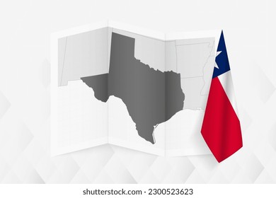 A grayscale map of Texas with a hanging Texas flag on one side. Vector map for many types of news. Vector illustration.