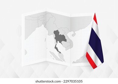 Mapa de escala de grises de Tailandia con una bandera tailandesa colgada de un lado. Mapa vectorial para muchos tipos de noticias. Ilustración vectorial.