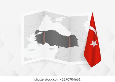 A grayscale map of Turkey with a hanging Turkish flag on one side. Vector map for many types of news. Vector illustration.