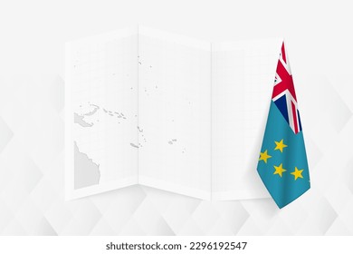 A grayscale map of Tuvalu with a hanging Tuvaluan flag on one side. Vector map for many types of news. Vector illustration.