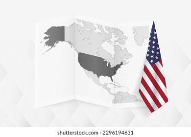 A grayscale map of USA with a hanging American flag on one side. Vector map for many types of news. Vector illustration.