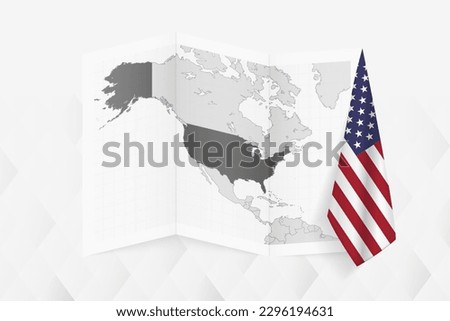 A grayscale map of USA with a hanging American flag on one side. Vector map for many types of news. Vector illustration.