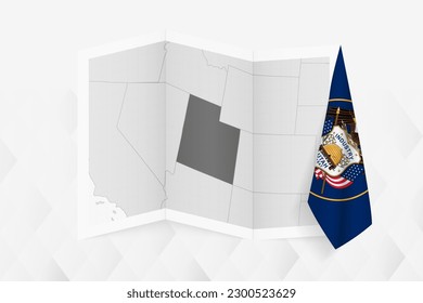 A grayscale map of Utah with a hanging Utah flag on one side. Vector map for many types of news. Vector illustration.