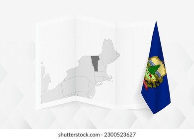 A grayscale map of Vermont with a hanging Vermont flag on one side. Vector map for many types of news. Vector illustration.