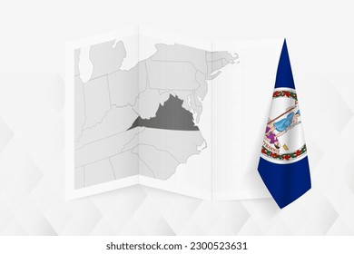 A grayscale map of Virginia with a hanging Virginia flag on one side. Vector map for many types of news. Vector illustration.