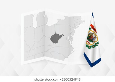 A grayscale map of West Virginia with a hanging West Virginia flag on one side. Vector map for many types of news. Vector illustration.