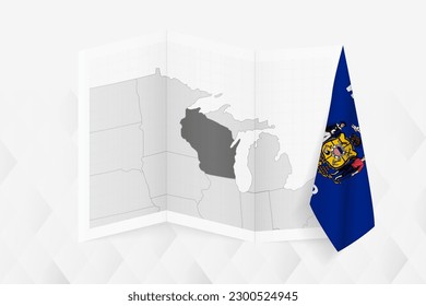 A grayscale map of Wisconsin with a hanging Wisconsin flag on one side. Vector map for many types of news. Vector illustration.