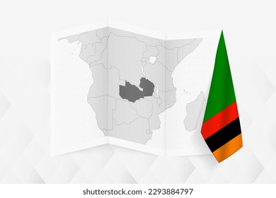 A grayscale map of Zambia with a hanging Zambian flag on one side. Vector map for many types of news. Vector illustration.