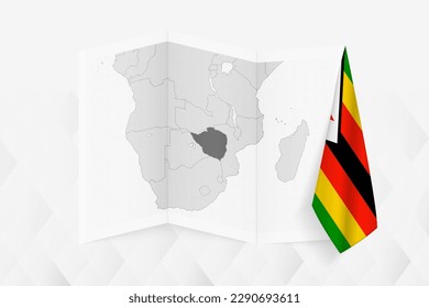 A grayscale map of Zimbabwe with a hanging Zimbabwean flag on one side. Vector map for many types of news. Vector illustration.