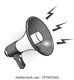 Grayscale megaphone icon in cartoon comic style with halftones isolated on white background. Vector illustration