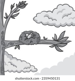 Grayscale monochrome bird nest with three eggs vector illustration isolated on square white background. Simple flat cartoon art styled drawing.