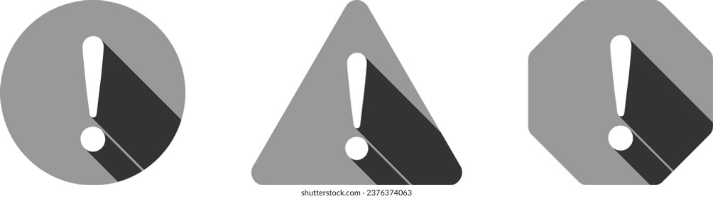 Signo de advertencia u aviso de advertencia de advertencia con precaución en el círculo redondo blanco y negro monocromo de escala de grises con marca de exclamación y conjunto de iconos planos con efecto de sombra de estilo 3D. Imagen vectorial.