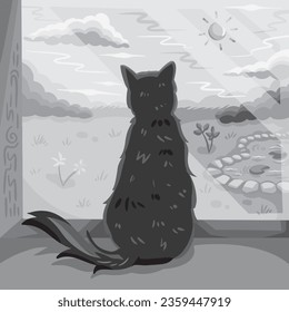 Grayscale monochrome cat from behind sitting by the window vector illustration isolated on square white background. Simple flat cartoon art styled drawing.