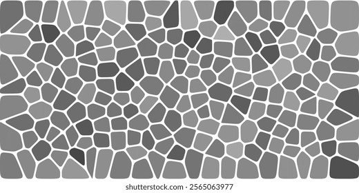 A grayscale mosaic pattern with irregular, organic shapes outlined in white lines, creating a textured and minimalist design with varying shades of gray.