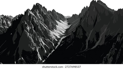 Graustufen-Berglandschaft-Ikone mit zerklüfteten Gipfeln und Gletschertal für Natur, Gelände, Erhebungen und Outdoor-Design-Inhalte