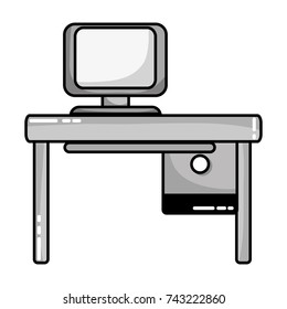 grayscale office with computer technology and wood desk