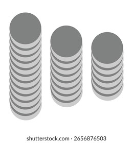 A grayscale optical illusion design featuring three vertical stacks of flat circular disks, creating a 3D cylindrical effect through shadow and alignment on a white background.