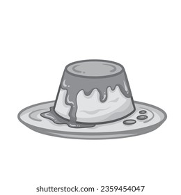 Grayscale outlined flan pudding on top of plate with dripping sweet sauce or vla vector illustration isolated on square white background. Simple flat cartoon art styled drawing.