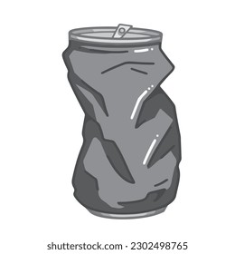 Grayscale outlined one single crushed and crumpled can bottle drink isolated on square white template. Monochrome shades of gray simple and flat styled drawing.