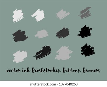 Grayscale Painted Vector Buttons Set. Textured Borders, Paintbrush Strokes. Black and White Oil Splash, Textured Ads Background. Grey Scale Logos, Painted Vector Buttons Set. Creative Grunge Banners.