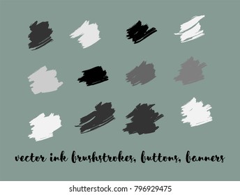 Grayscale Painted Vector Buttons Set. Smeared Logos, Paintbrush Strokes. Black and White Ink Splash, Cool Ads Backgrounds. Grey Scale Logos, Painted Vector Buttons Set. Graffiti Grunge Banners.