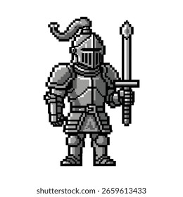Uma ilustração em pixel de escala de cinza de um cavaleiro medieval, de pé em uma armadura de placa completa e segurando uma espada.