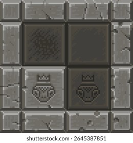 Grayscale pixel art tileset featuring worn stone tiles, cracks, engraved crowns, and castle-like textures. Perfect for RPG dungeons, fantasy environments, or retro game maps.