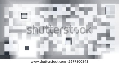 A grayscale, pixelated abstract background resembling a QR code. The image consists of various sized squares and rectangles, creating a modern, digital, and technological feel.