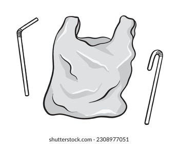 Grayscale plastic bag and straws vector illustration isolated on horizontal white background. Simple flat outlined cartoon art styled drawing.