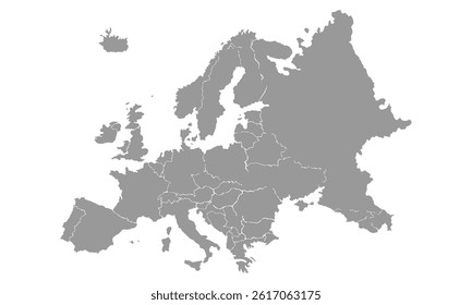 Grayscale political map of Europe showing country borders without names. Ideal for educational, geographic, or infographic purposes in digital or print media.