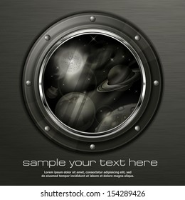 Grayscale Porthole To Open Space, Planets, Sun And Star, Vector Illustration